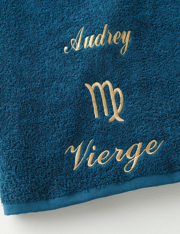 Serviettes de bain brodées Vierge personnalisable - 420g/m2 (bleu paon)