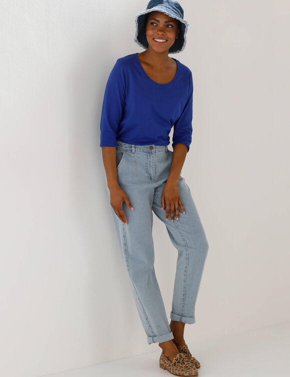 T-shirt manches 3/4 uni, coton (bleu dur)