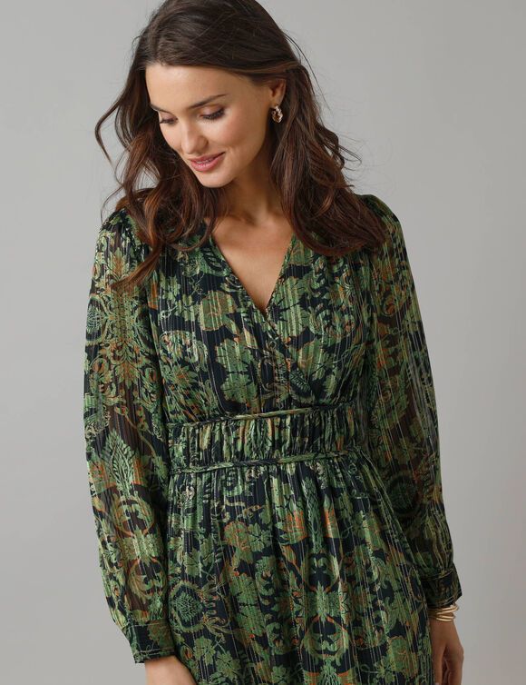 Robe manches longues détails volantés, voile jacquard imprimé (noir / vert)