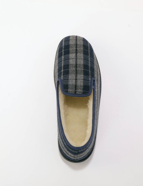 Herenpantoffels met geruit motief, gevoerd met wol (grijs / blauw)
