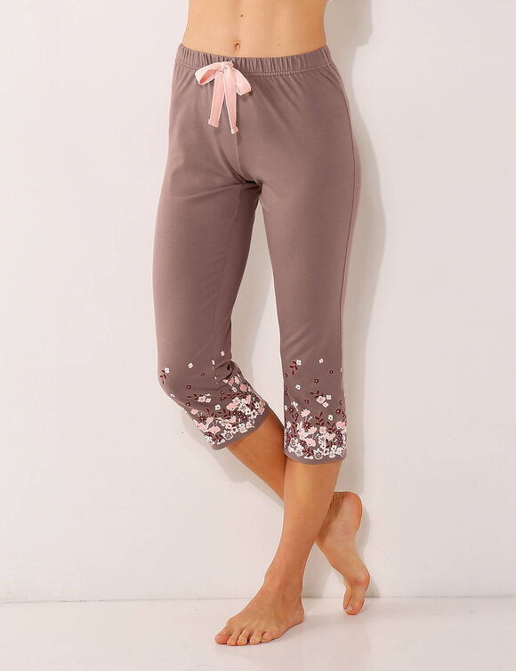 Pantacourt base fleurie,  jersey coton (taupe)