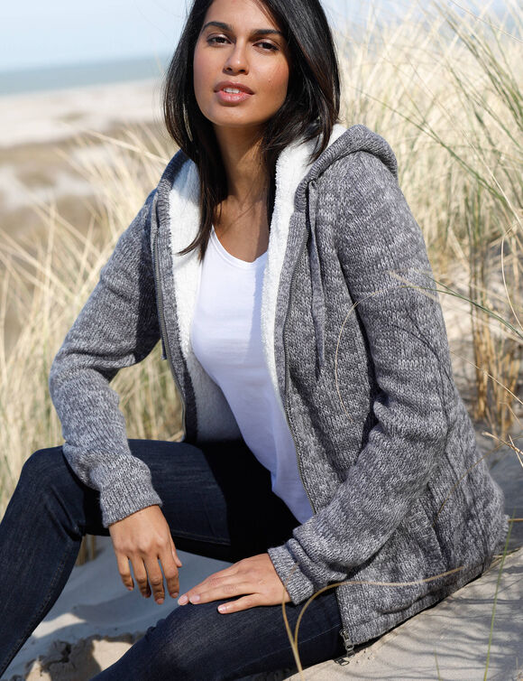 Gilet zipp&eacute; fourr&eacute; maille moulin&eacute;e (gris chin&eacute;)