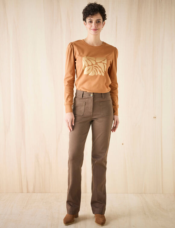 T-shirt met lange mouwen, glanzende print (karamel)