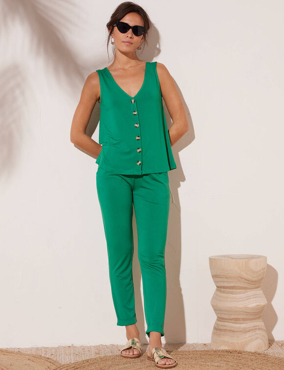 Pantalon fuselé uni, taille élastiquée (vert)