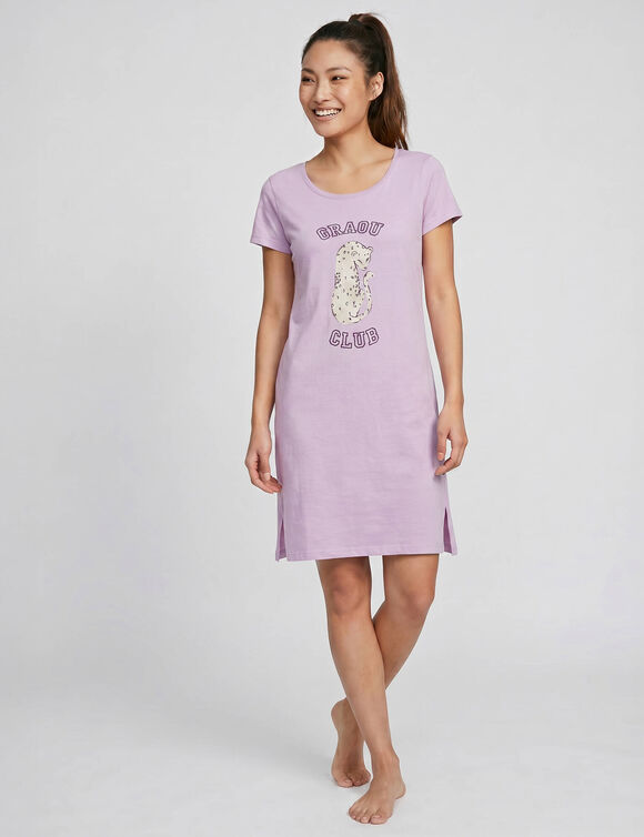 Chemise de nuit courte coton imprim&eacute; gu&eacute;pard "Graou Club", manches courtes (parme)