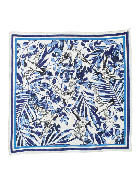 Foulard imprimé hirondelles, voile de coton (écru / bleu)