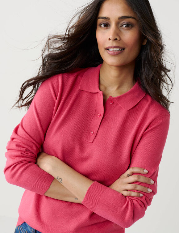 Pull col polo boutonn&eacute;, toucher doux (rose fuchsia)
