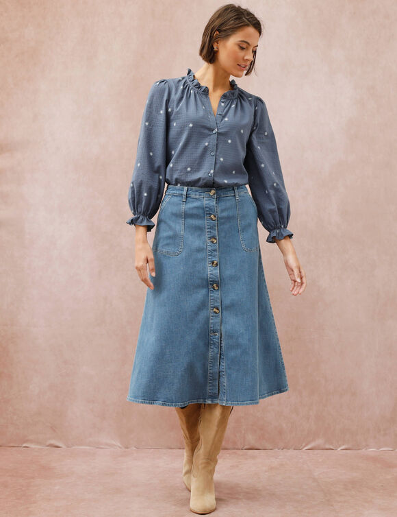 Jupe longue &eacute;vas&eacute;e boutonn&eacute;e devant, denim stretch (bleached)