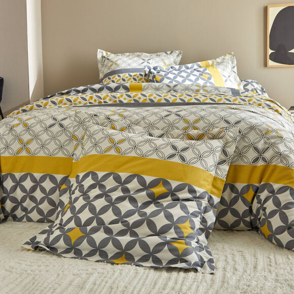 Linge de lit Marlow en coton motifs géométriques (gris / jaune)
