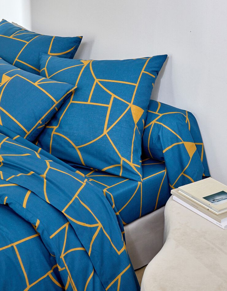 Linge de lit Geoffroy en coton à motifs graphiques (bleu paon)