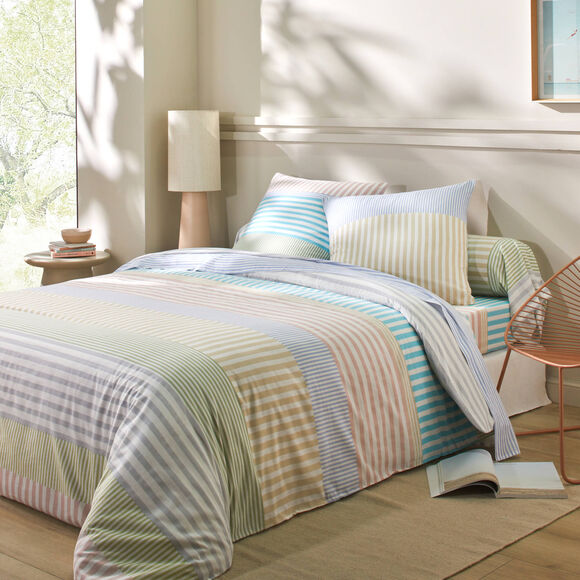Bedlinnen Ada in katoen met strepenprint (amandel groen / wit)