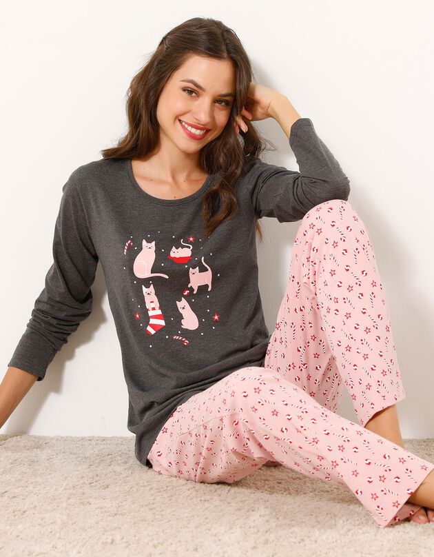 Pyjama met 'kat' print (chiné grijs / roze)