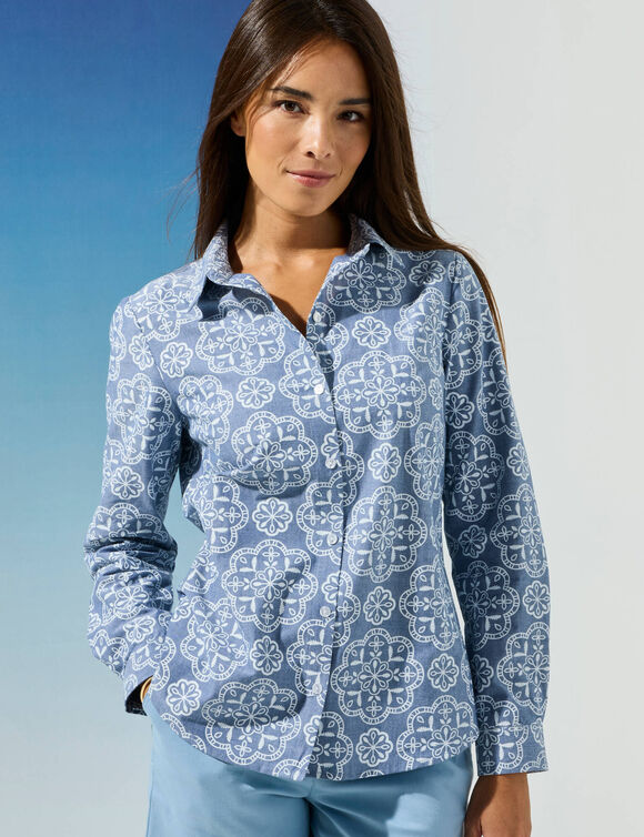 Bedrukte bloes in chambray (blauw)