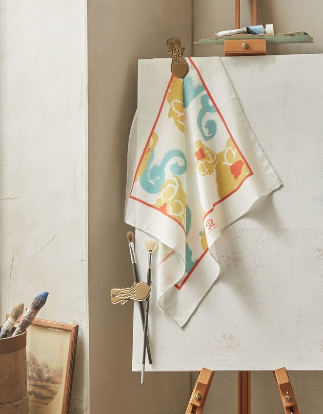 Foulard fabriqué en France imprimé fleurs, 48x48 cm, coton biologique, collection "Odette Lepeltier" (écru / jaune)