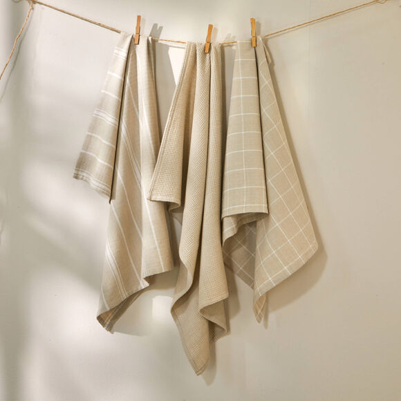 Geassorteerde droogdoeken in katoen, ingeweven motieven - sets (zandkleur / wit)