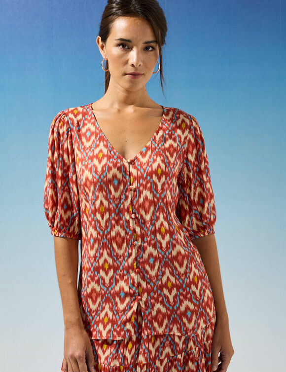 Chemisier boutonné imprimé ikat, crépon (terracotta)