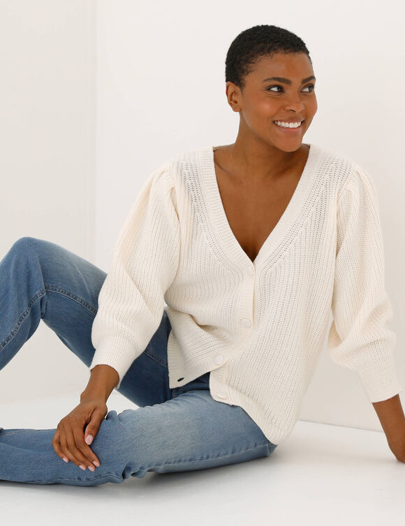 Gilet boutonn&eacute; col V, maille anglaise (&eacute;cru)