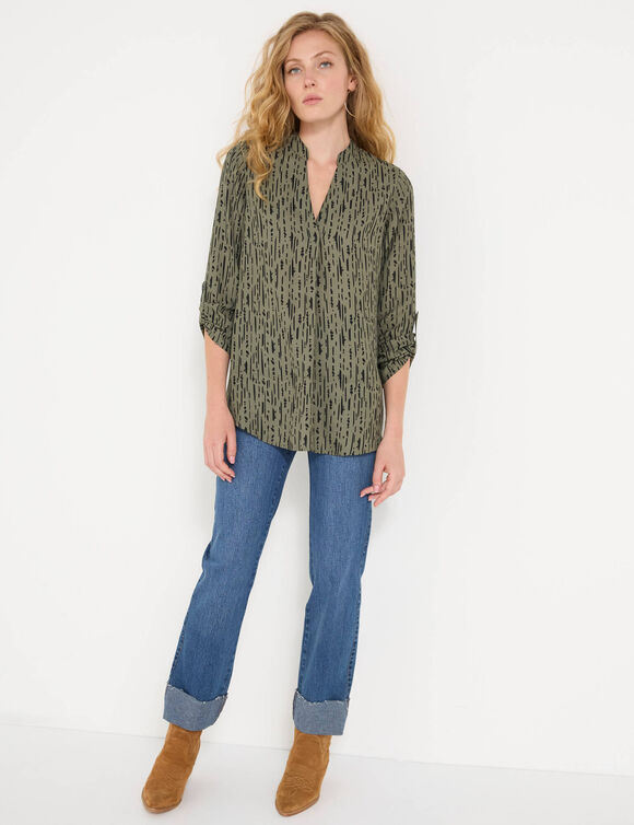 Blouse imprim&eacute; graphique col tunisien, cr&ecirc;pe (kaki / noir)