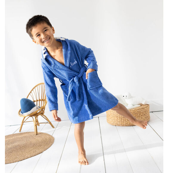 Kinderbadjas met haaiennmotief en kap, personaliseerbaar - 340 g/m² (felblauw)