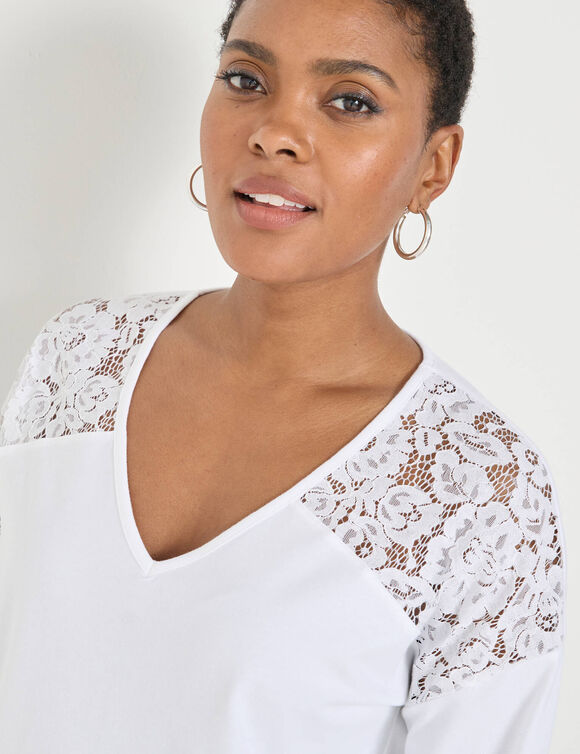 T-shirt col V manches longues dentelle (blanc)