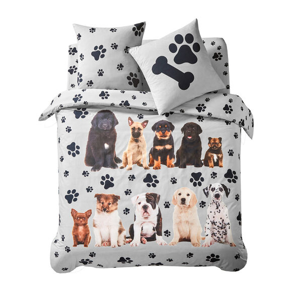 Linge de lit Fidèles en coton imprimé chiots (gris)