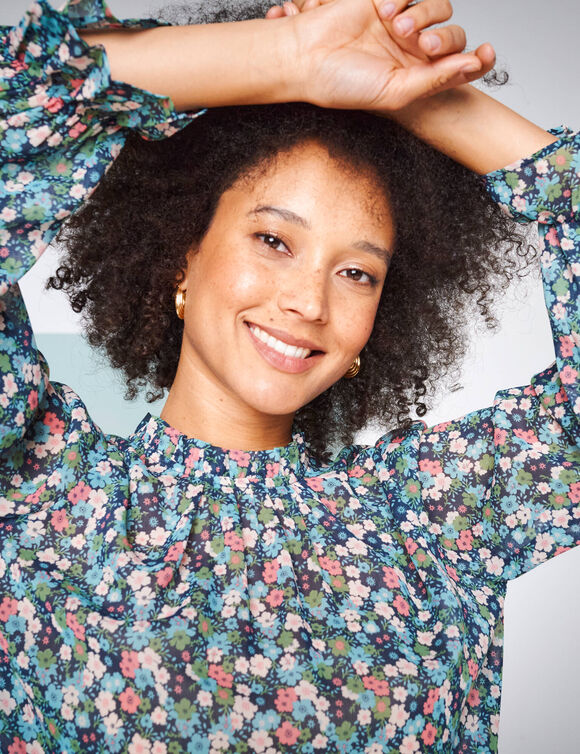 Blouse col victorien, voile imprimé fleuri (bleu nuit / vert)