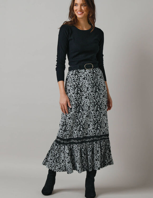 Lange rok met fronsrokvolume, jerseytricot (zwart / ecru)