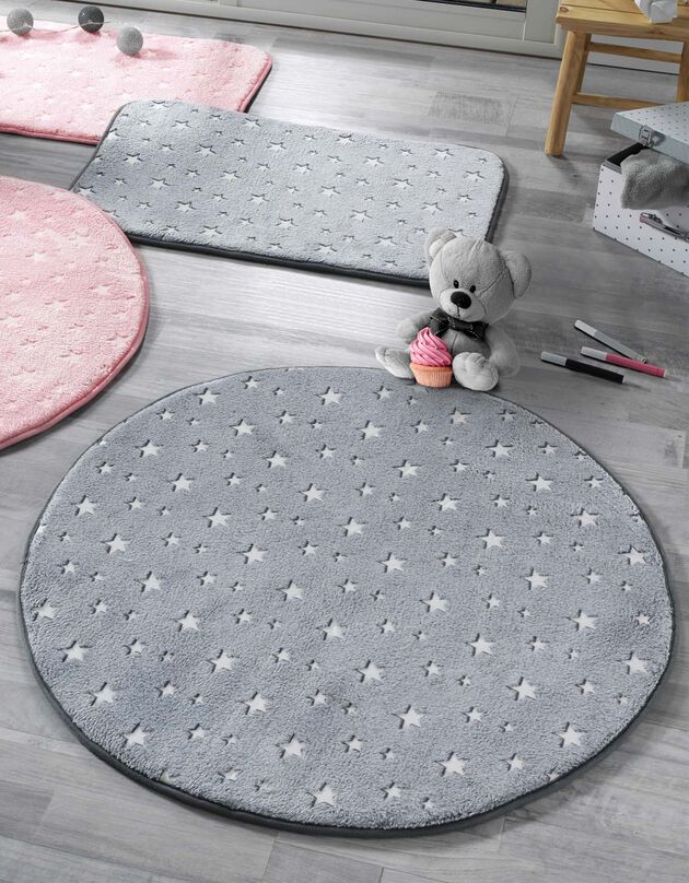 Tapis flanelle imprimé étoiles phosphorescentes - rond (gris)
