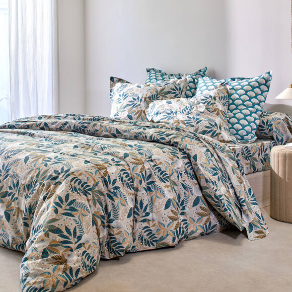 Linge de lit imprimé Hélène coton (bleu paon)