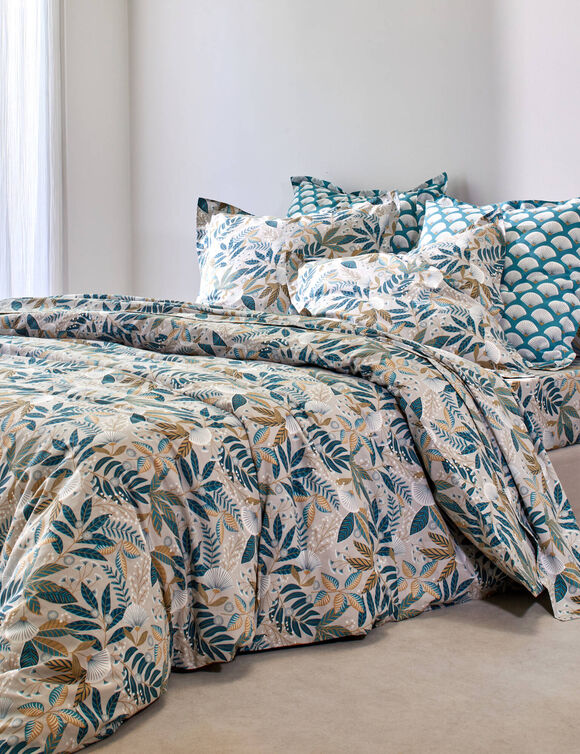 Linge de lit imprimé Hélène coton (bleu paon)