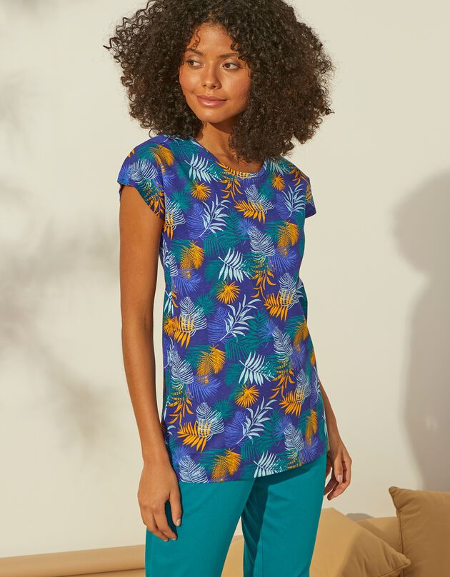 Pyjama T-shirt in katoen met korte mouwen - tropical print (blauw / saffraangeel)