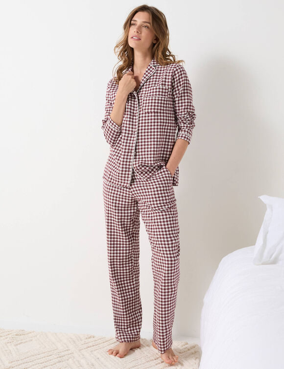 Pyjama pantalon boutonné manches longues, en flanelle motif vichy tissé teint (chocolat / écru)