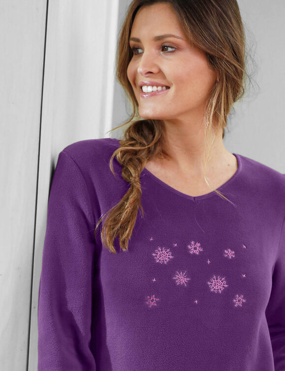 Chemise de nuit polaire manches longues brodée (prune foncé)