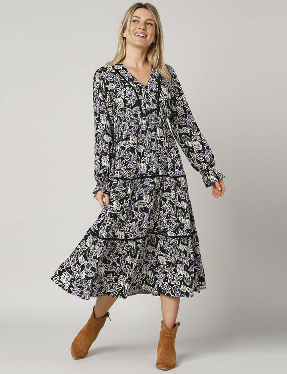 Robe longue volantée imprimée (noir / écru)