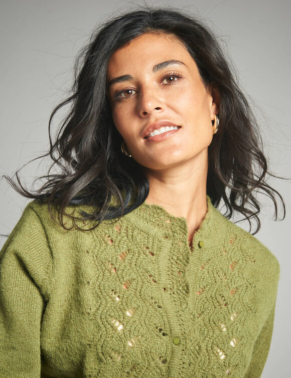 Gilet boutonné col montant, maille fantaisie  (vert mousse)
