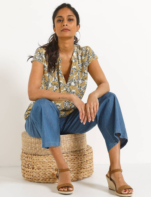 Blouse col tunisien sans manches, cr&eacute;pon (&eacute;cru / jaune)