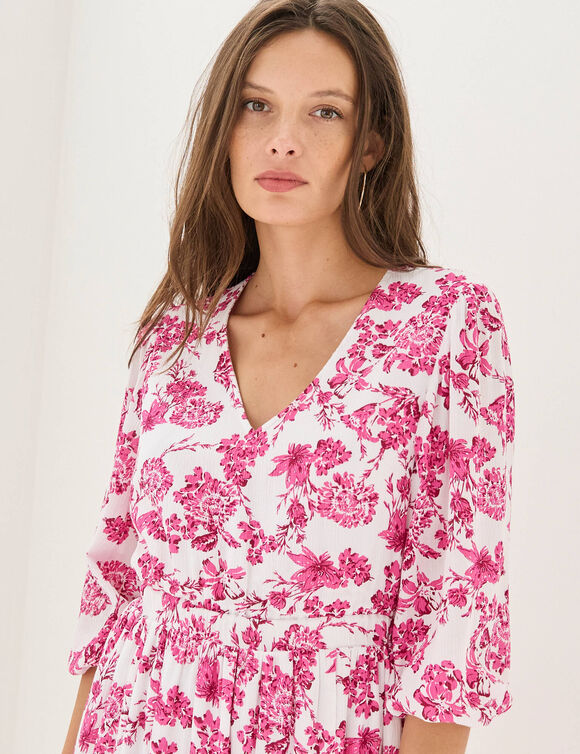 Robe longue imprim&eacute;e, dos fantaisie (blanc / fuchsia)