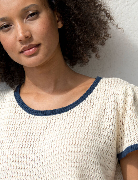 Pull manches courtes, maille fantaisie (écru / marine)