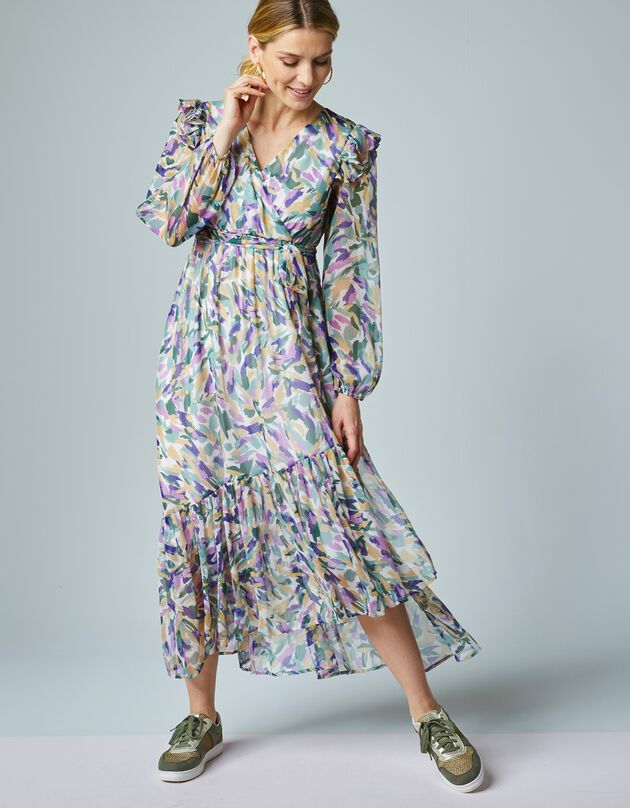Lange, asymmetrische jurk met stroken, bedrukte voile (kaki / naturel)
