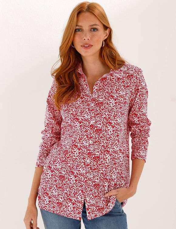 T-shirt boutonn&eacute; imprim&eacute; manches longues, forme tunique (blanc / framboise)