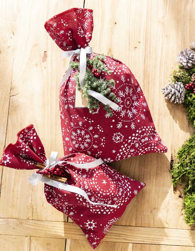 Tasje in stof, om kerstgeschenken in te pakken - set van 2, verantwoorde aankoop, FLOCONS Tasje in stof, om kerstgeschenken in te pakken - set van 2, verantwoorde aankoop, FLOCONS , hi-res