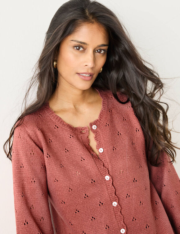Gilet boutonn&eacute; finition &eacute;cailles, maille pointelle toucher doux (bois de rose)