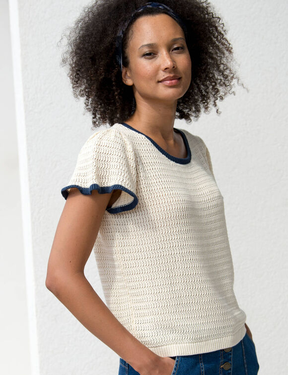 Pull manches courtes, maille fantaisie (écru / marine)