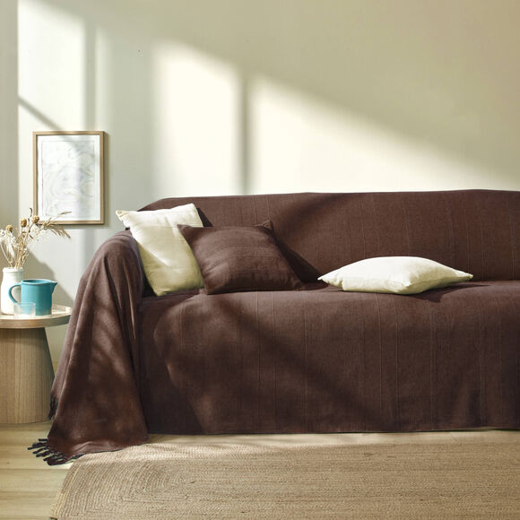 Plaid of sprei, effen katoen met artisanaal weefsel (chocolade)