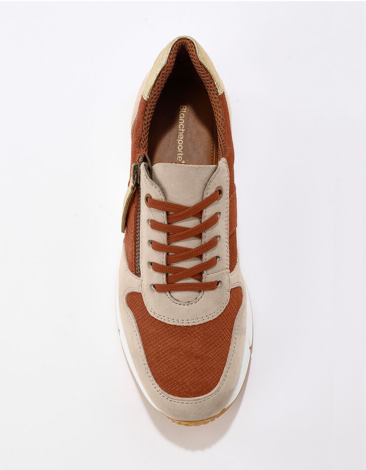 Baskets style running zippées en cuir bimatière femme - brique, brique Baskets style running zippées en cuir bimatière femme - brique, brique, hi-res image number 2