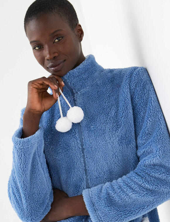 Pyjama pantalon polaire, avec veste zipp&eacute;e &agrave; pompons (bleu glacier / &eacute;cru)