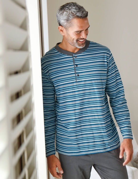 Pyjama rayé col tunisien (anthracite / bleu canard)
