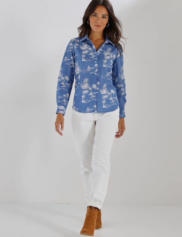 Chemise imprim&eacute; palmiers bicolore (bleu / blanc)
