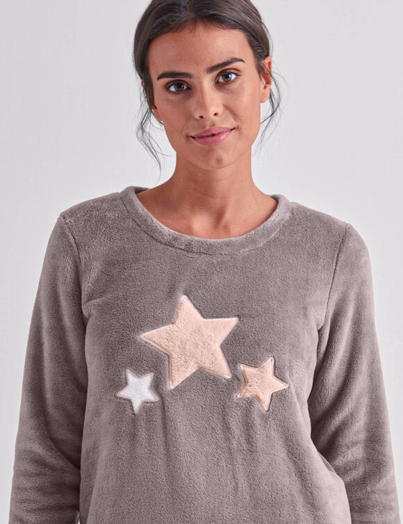Pyjama pantalon polaire "étoiles", toucher peluche (taupe / rose)