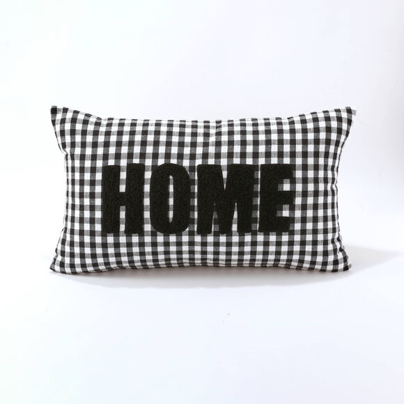 Coussin en coton, message HOME et carreaux tissé-teint  (noir)